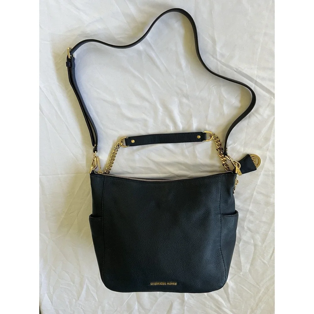 Michael Kors Nolita Medium Pebbled Leather Shoulder Bag In Midnight Blue New